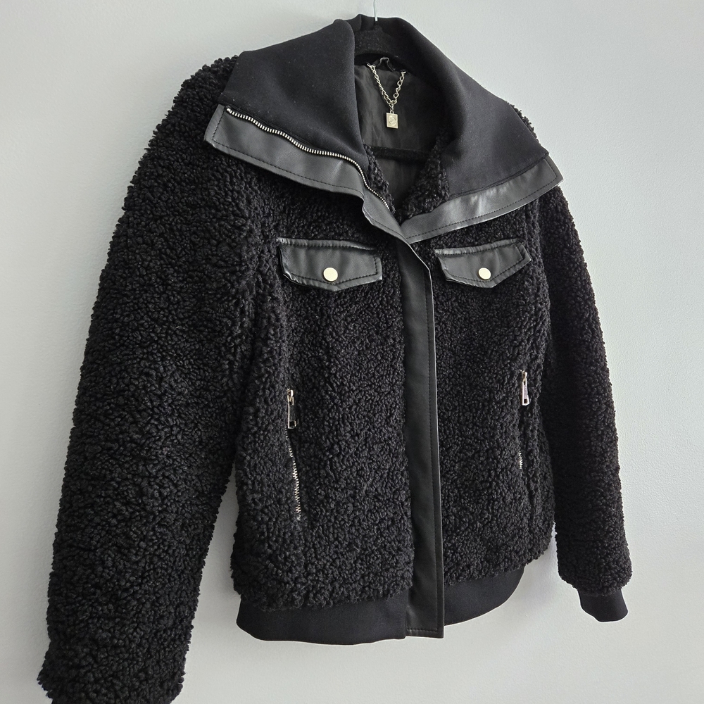 Black Sherpa Jacket with Leather Accents
